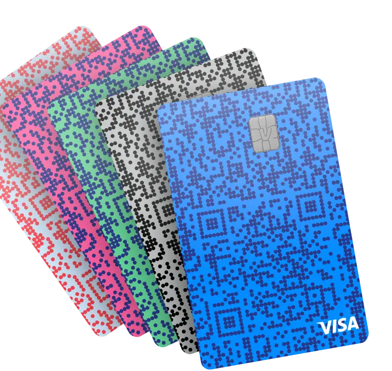 Venmo credit card display in blue, gray, green, pink and red